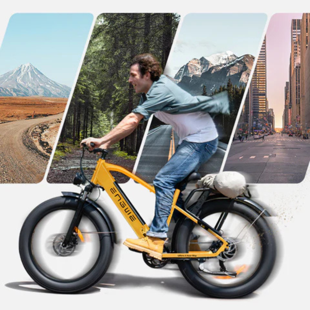 Electric bicycle Engwe E26 – man riding yellow bike, scenic backgrounds
