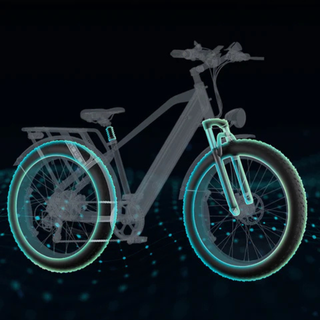 Electric bicycle Engwe E26 – wireframe diagram with highlighted wheels