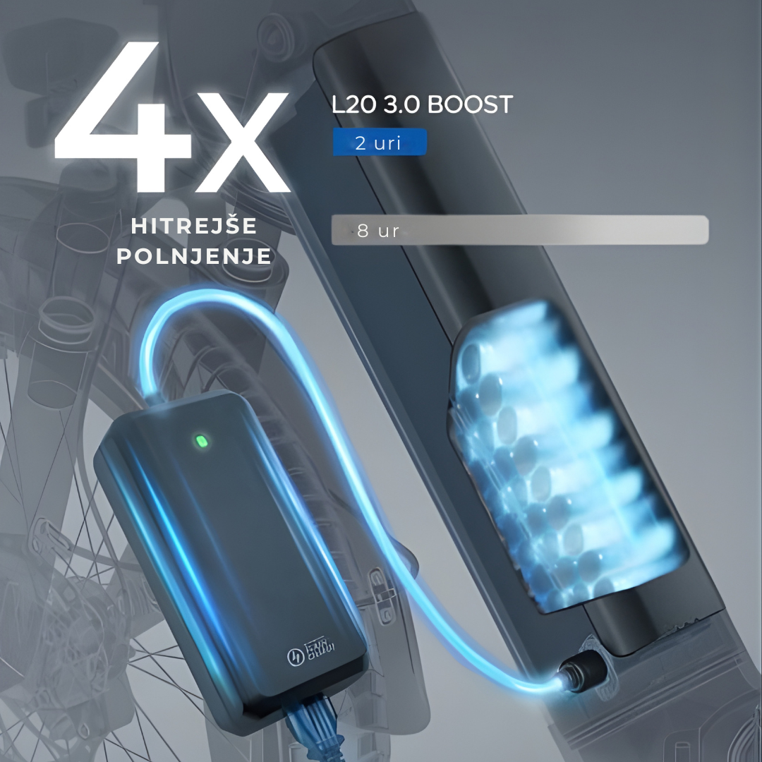 Electric bicycle Engwe L20 3.0 Boost – battery charging infographic with glowing cells