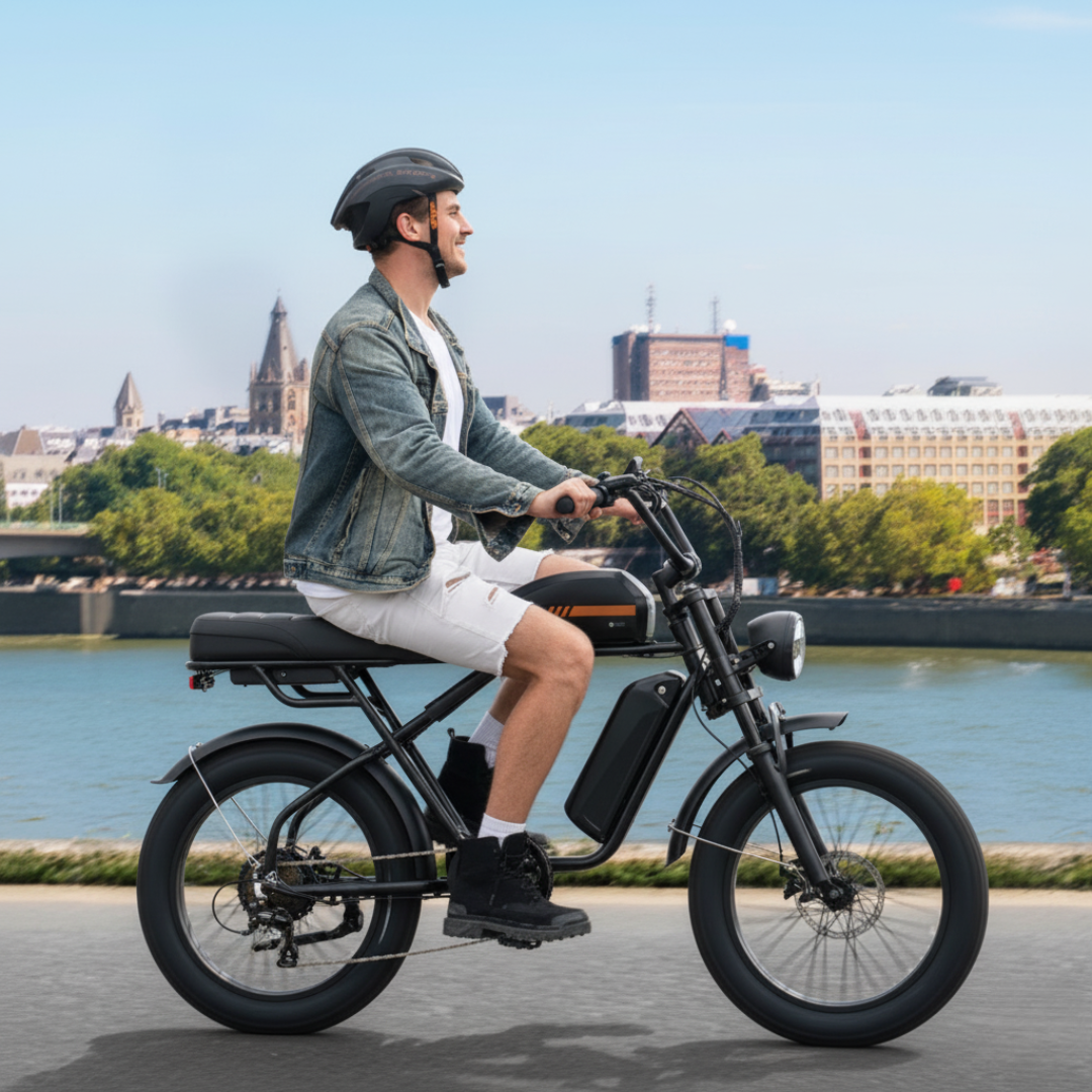 Electric bicycle Engwe M1 – rider by river with city background