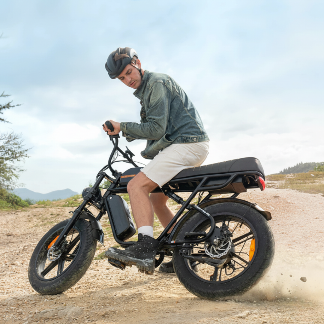 Electric bicycle Engwe M1 – rider on dirt path