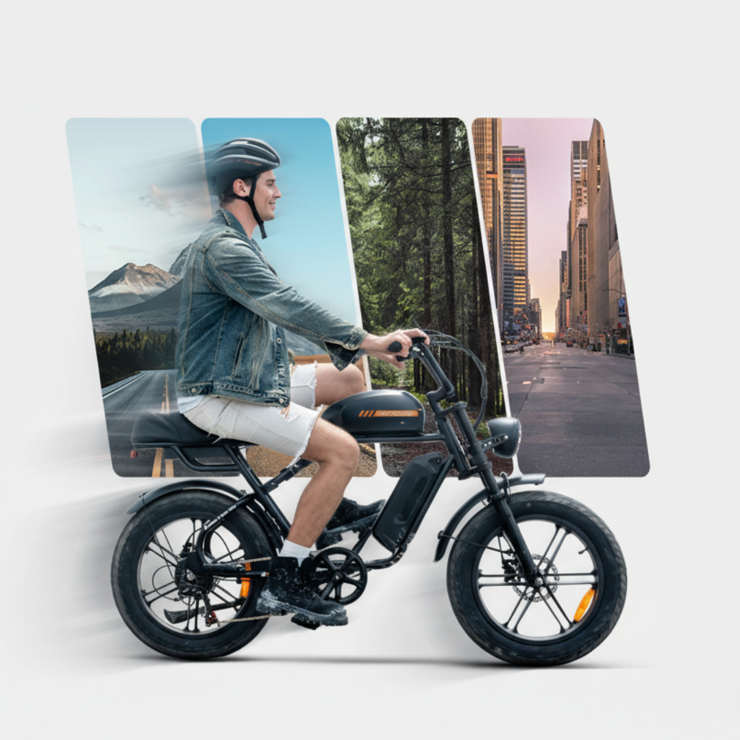 Electric bicycle Engwe M1 – rider with scenic background collage