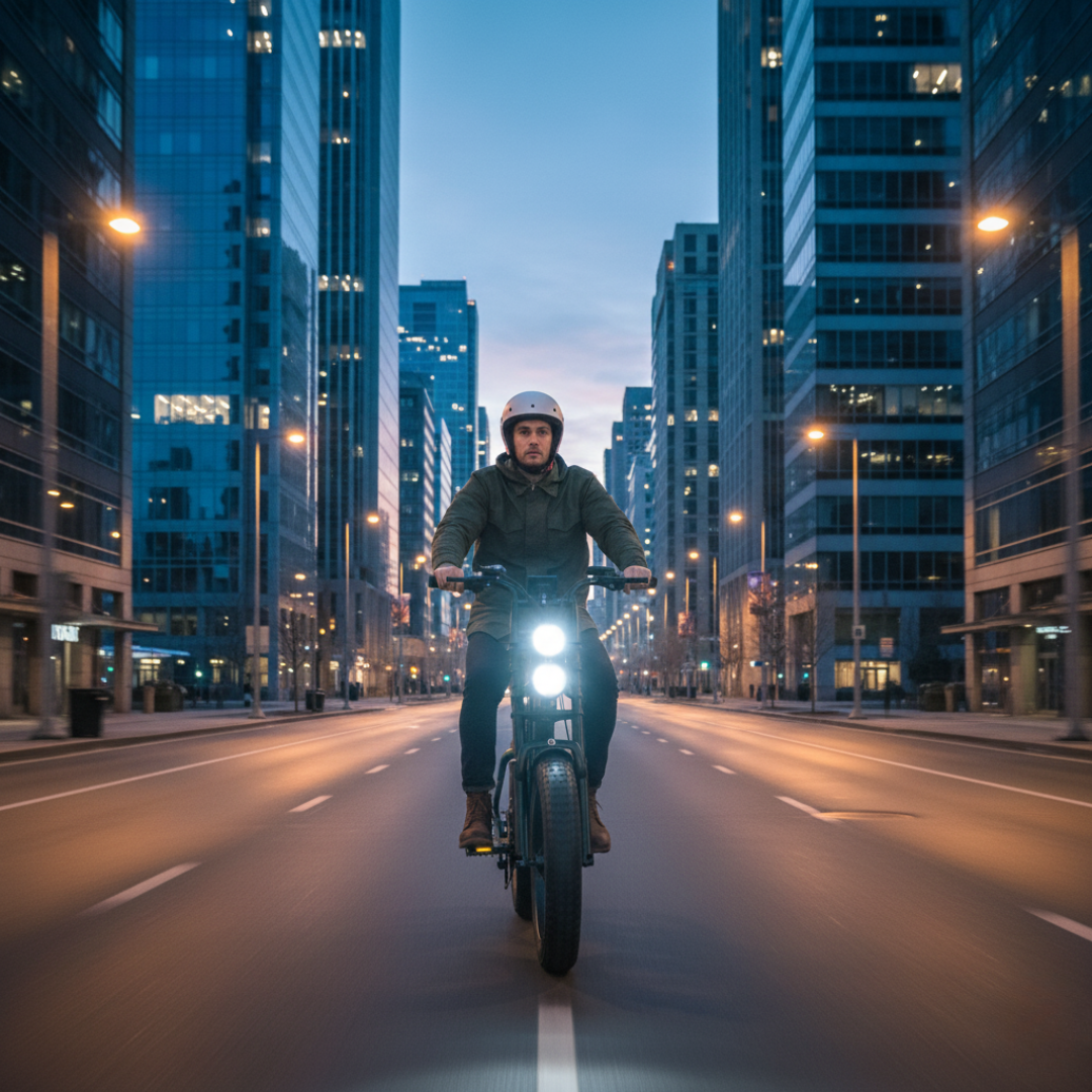 Electric bicycle Engwe M20 – rider on city street at dusk