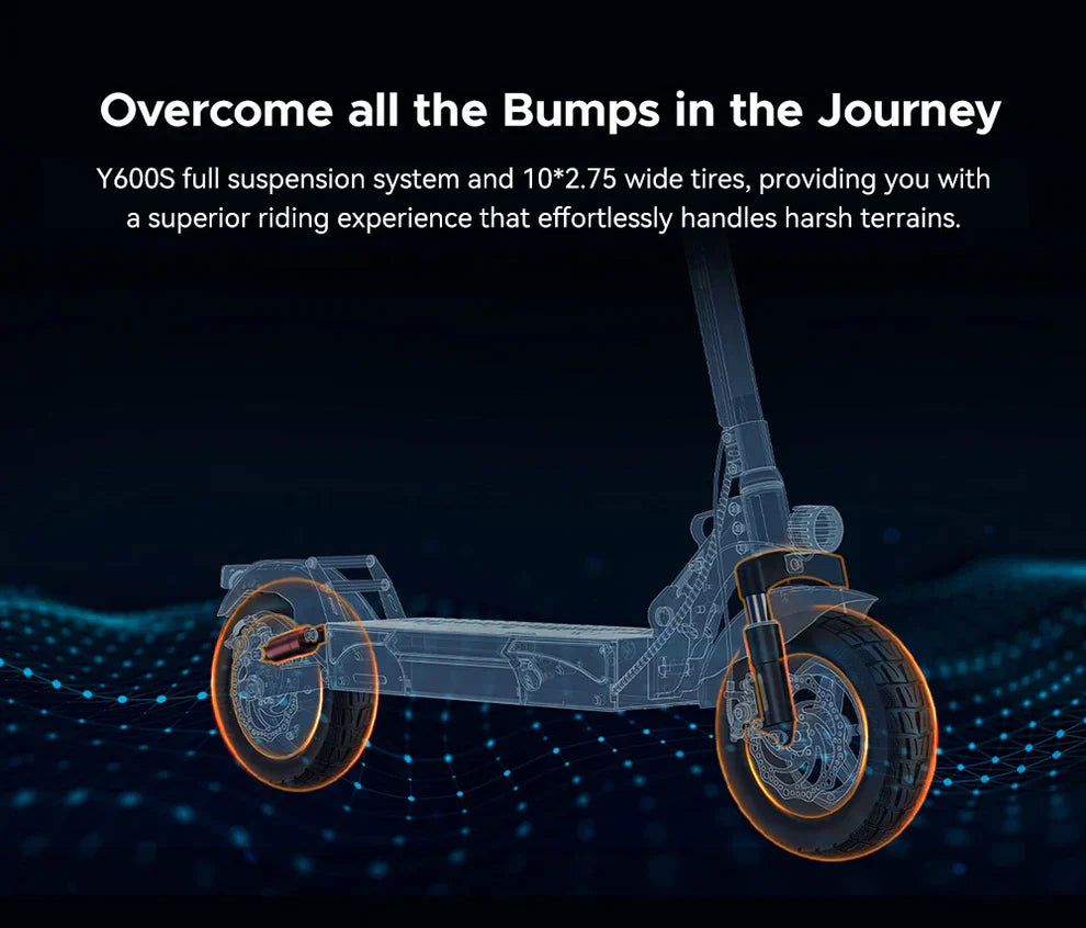 Electric Scooter Engwe Y600S features full suspension and 10*2.75 wide tires for superior, smooth riding.