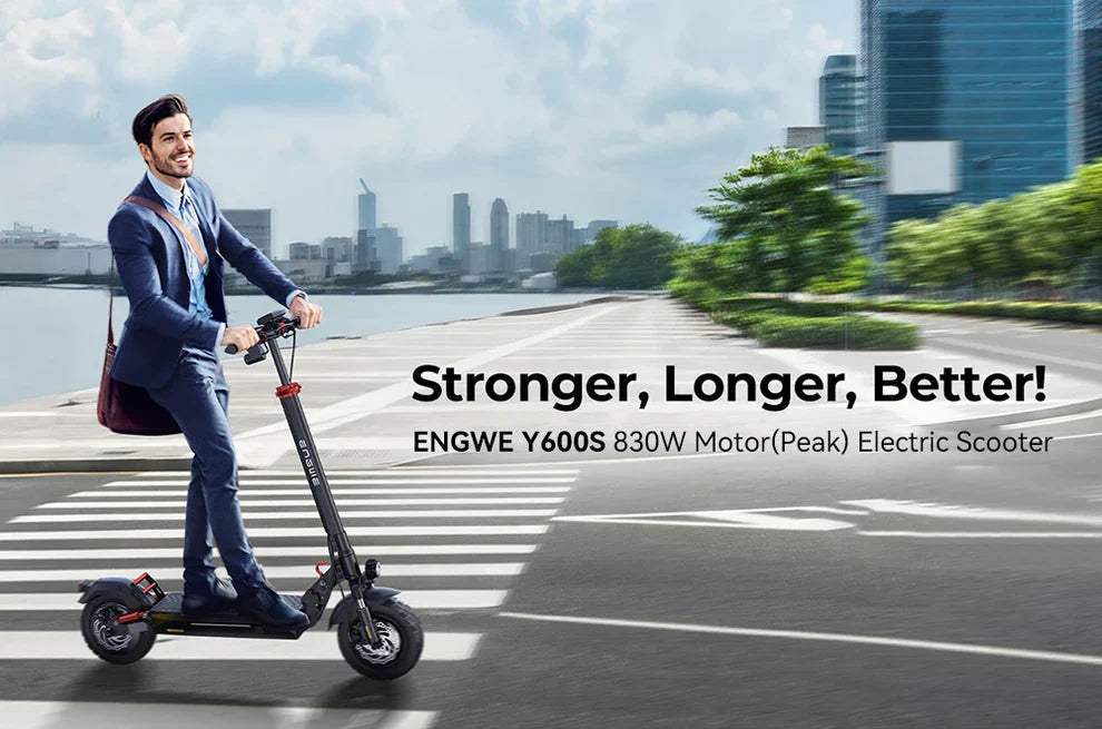 Electric Scooter Engwe Y600s features an 830W peak motor, stylish design, and urban setting for commuting.