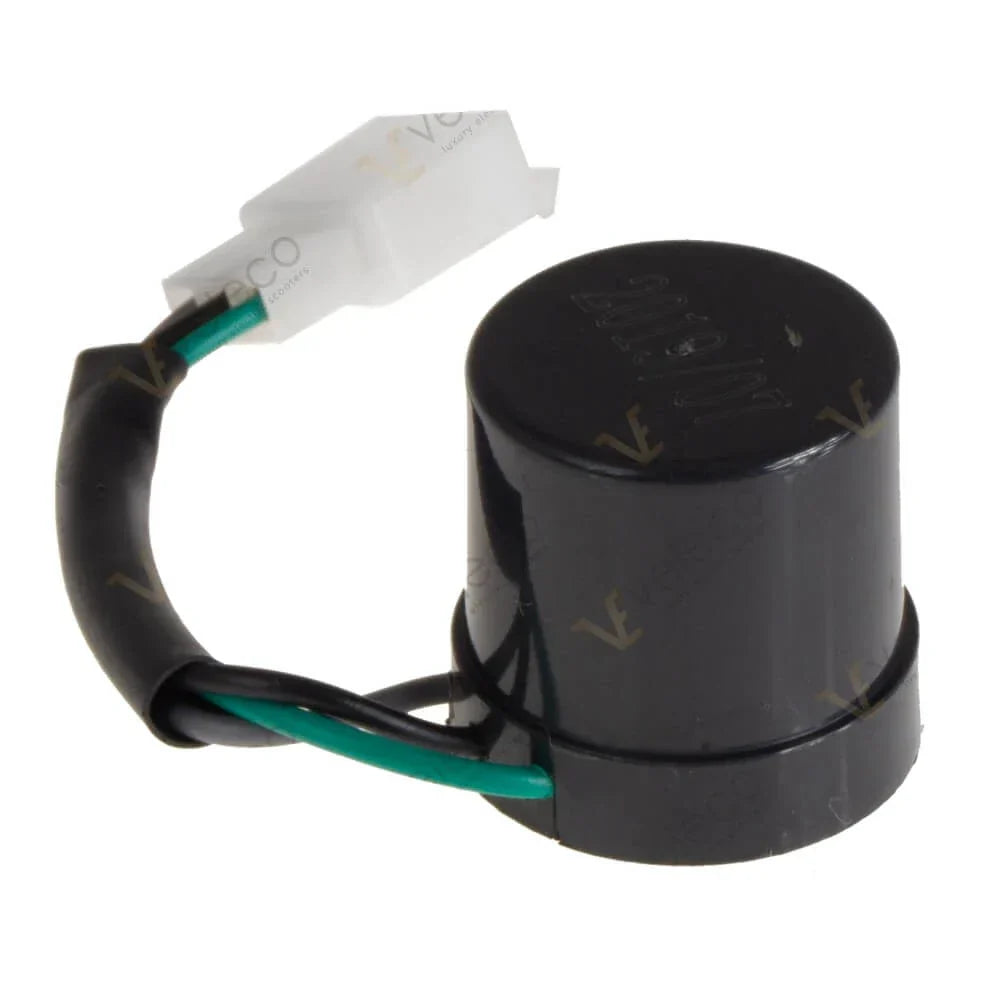 Flasher Relay for Veleco Faster – black cylindrical flasher relay with wires