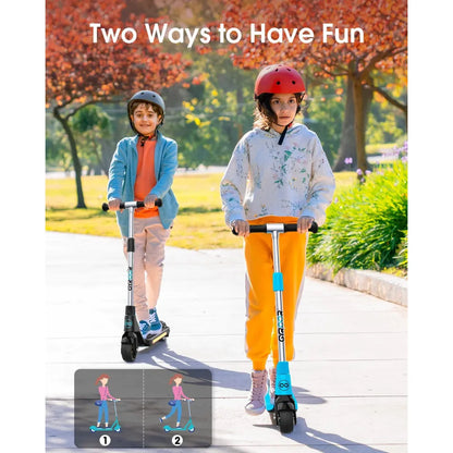 Two kids ride the Gyroor H30 electric scooter on a sunny path and enjoy a day outdoors