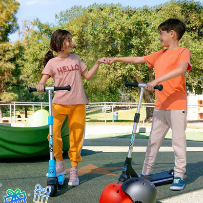 Electric Scooter Gyroor H30 features two kids enjoying a playful moment in a park setting.