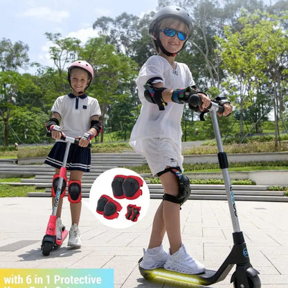 Electric Scooter Gyroor H30 is designed for kids, featuring safety gear with helmets and protective pads.