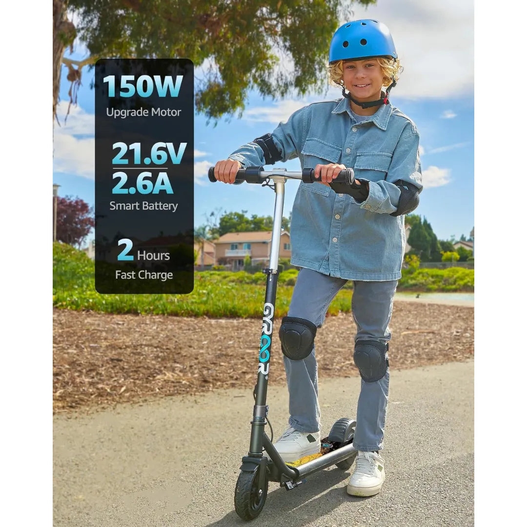 Electric scooter Gyroor H30 MAX – boy riding, product features infographic
