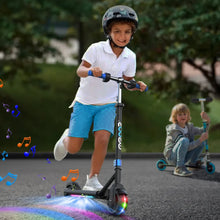 A child rides a Gyroor H30 Max electric scooter surrounded by colorful lights and musical notes