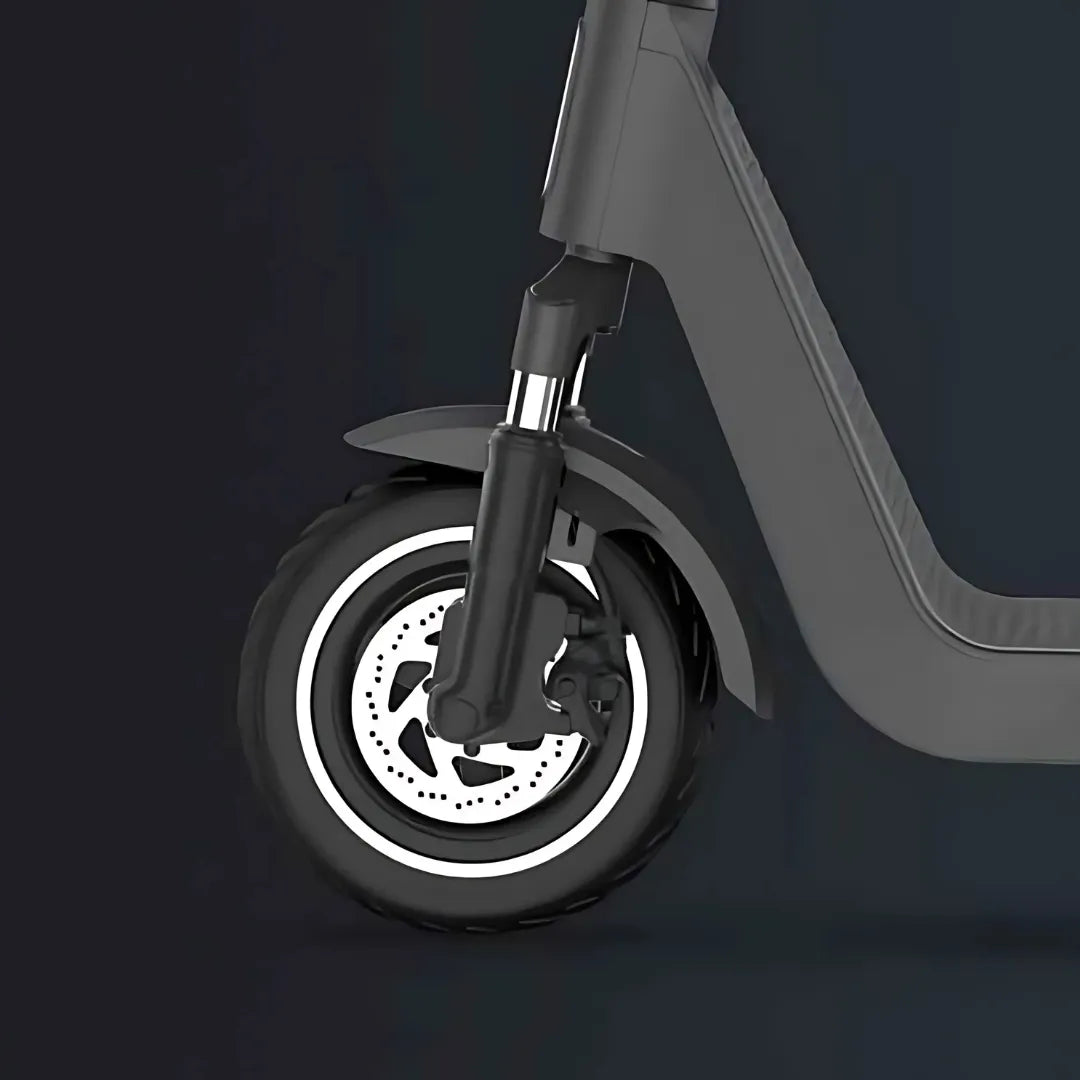 Electric scooter Joyor LiteGo – front wheel and suspension detail