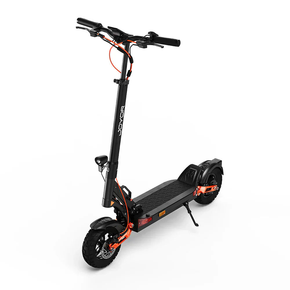 Electric scooter Joyor T6 – front three-quarter view, kickstand down