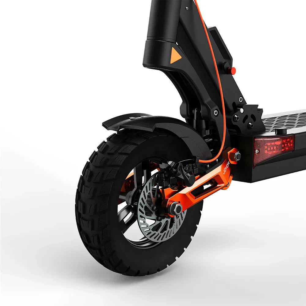 Electric scooter Joyor T6 – rear wheel, disc brake, and suspension close-up