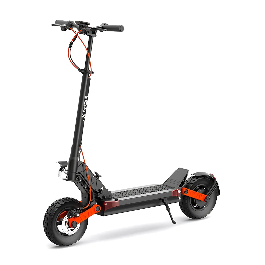 Electric scooter Joyor S5-Z – front three-quarter view, kickstand down