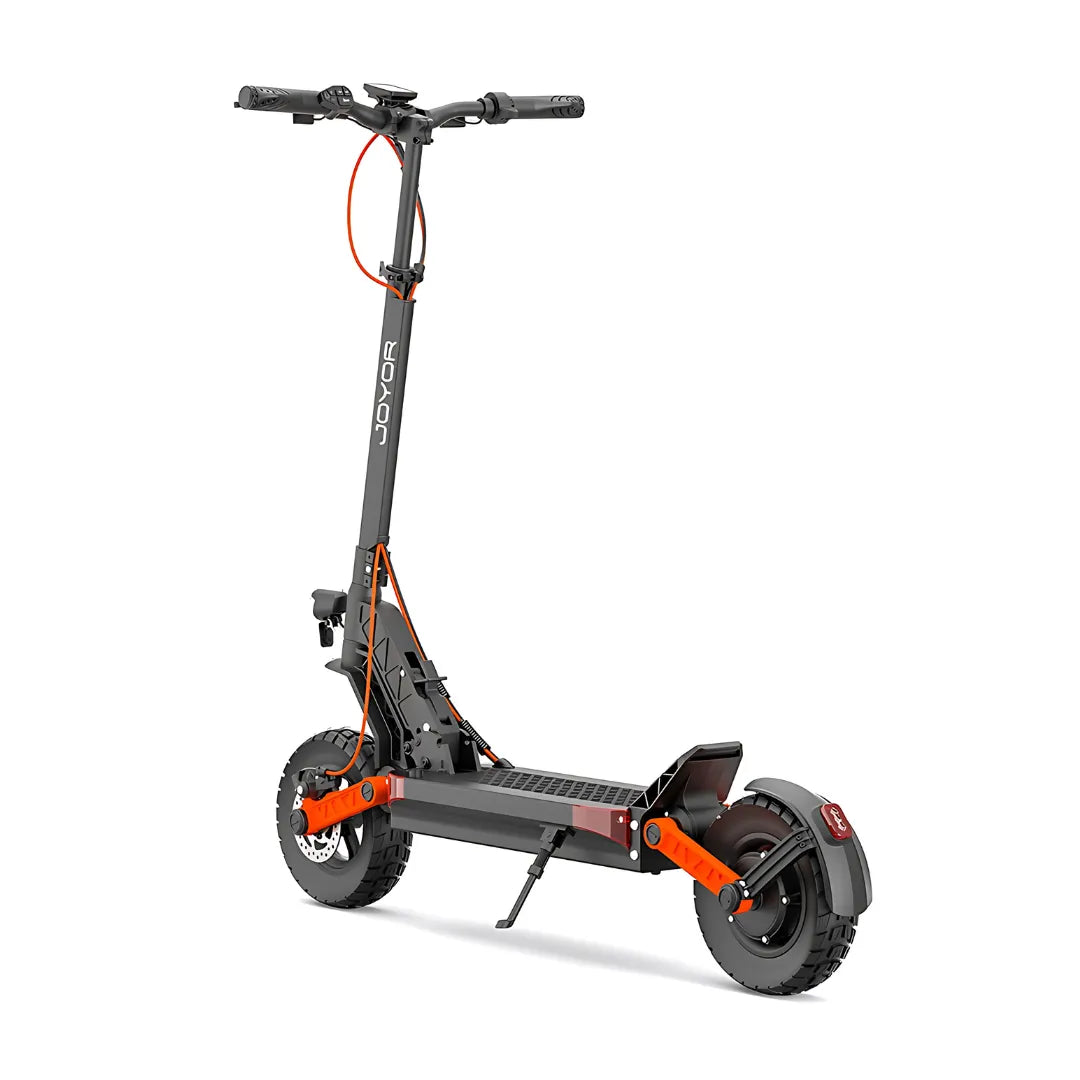 Electric scooter Joyor S5-Z – rear three-quarter view, kickstand down