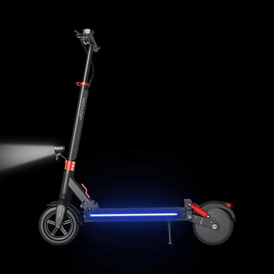 Electric scooter Joyor G5 – side view, lights on, dark background
