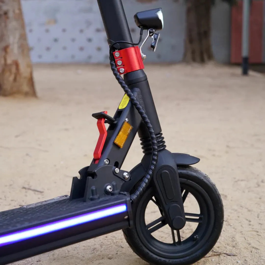Electric Scooter Joyor G5 features a sleek frame, red accents, hand brake, and illuminated footboard.