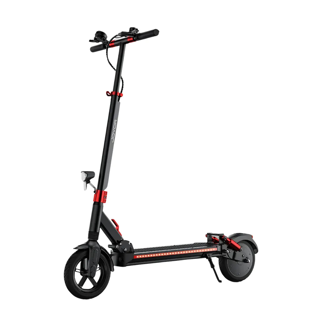Electric Scooter Joyor G5 features a sleek black frame with red accents, durable wheels, and LED lights.