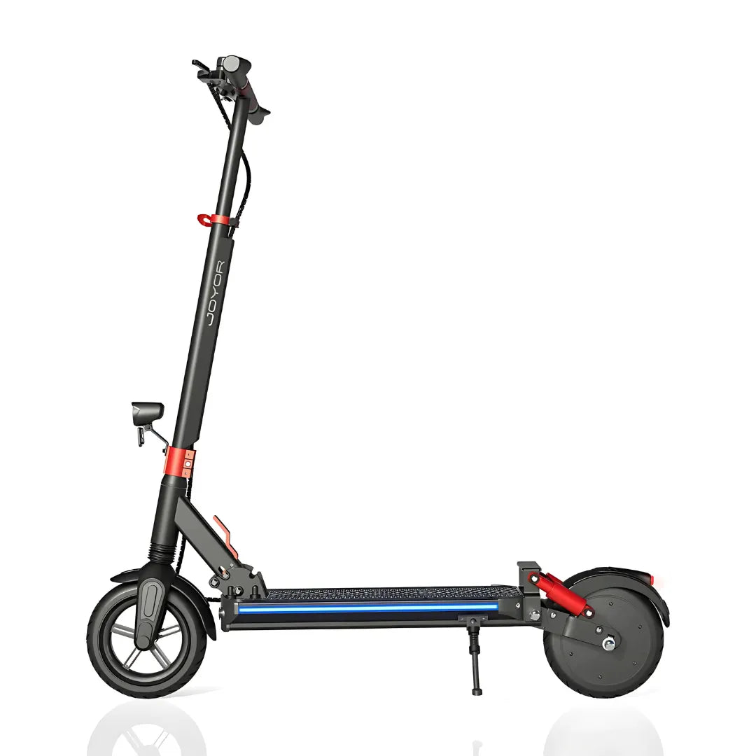 Electric scooter Joyor G5 – side view with blue deck lighting