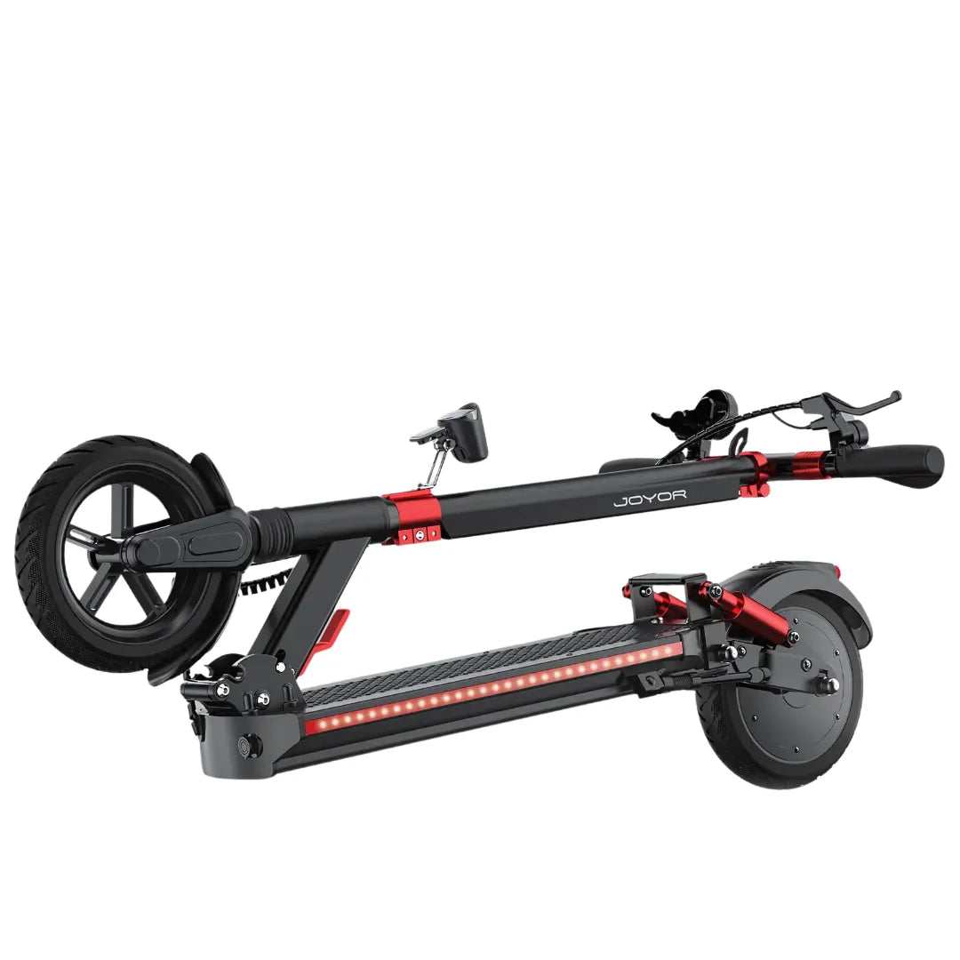 Electric Scooter Joyor G5 features a sleek, foldable design with robust wheels, adjustable handlebars, and LED lights.