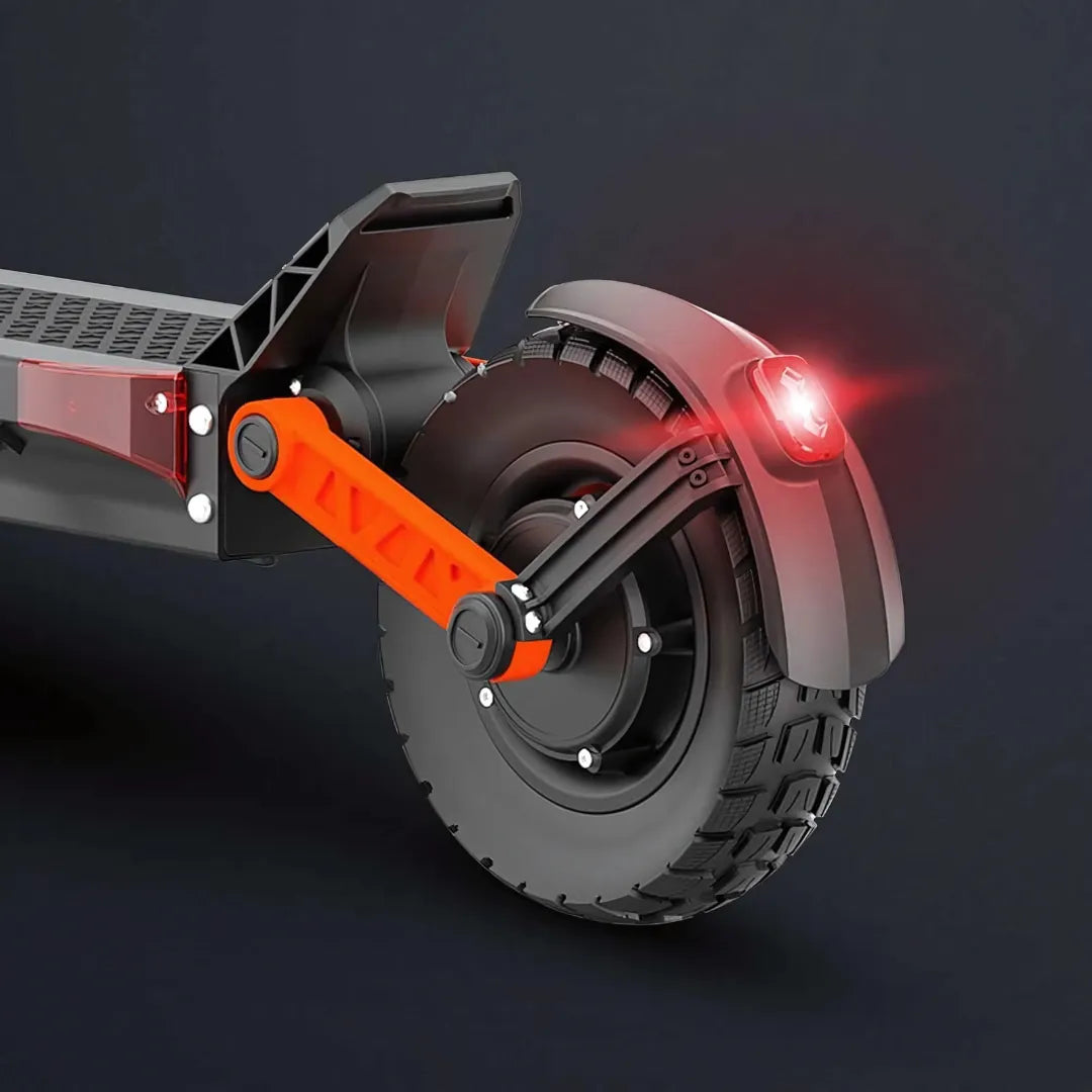 Electric scooter Joyor S10-S-Z – rear wheel, fender, and red light close-up