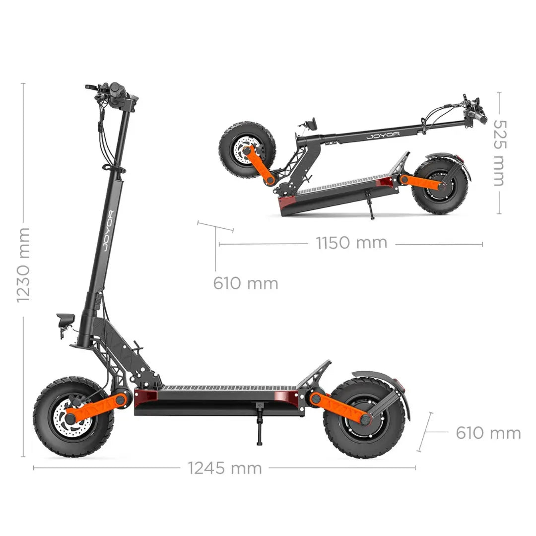Electric scooter Joyor S10-S-Z – dimensions infographic, folded and unfolded