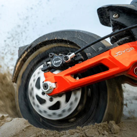 Electric scooter Joyor T10 – rear wheel and disc brake close-up