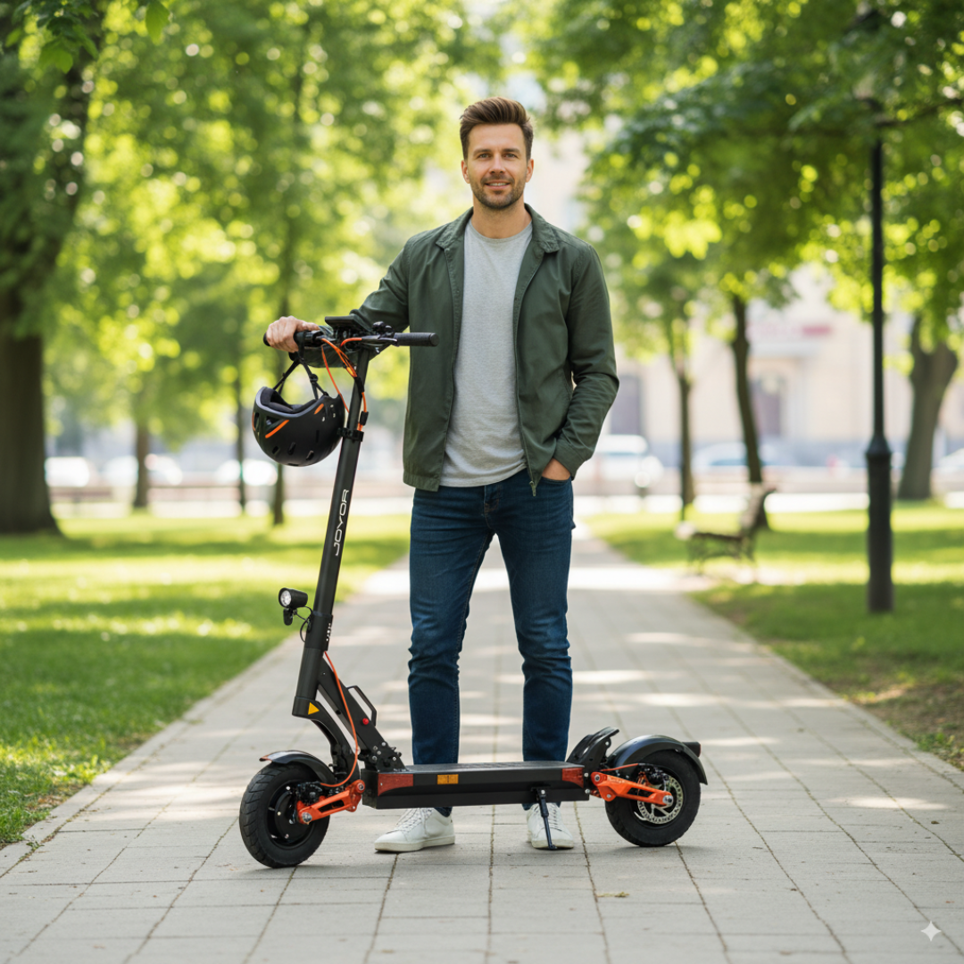 Electric scooter Joyor T10 – man standing with scooter and helmet in park