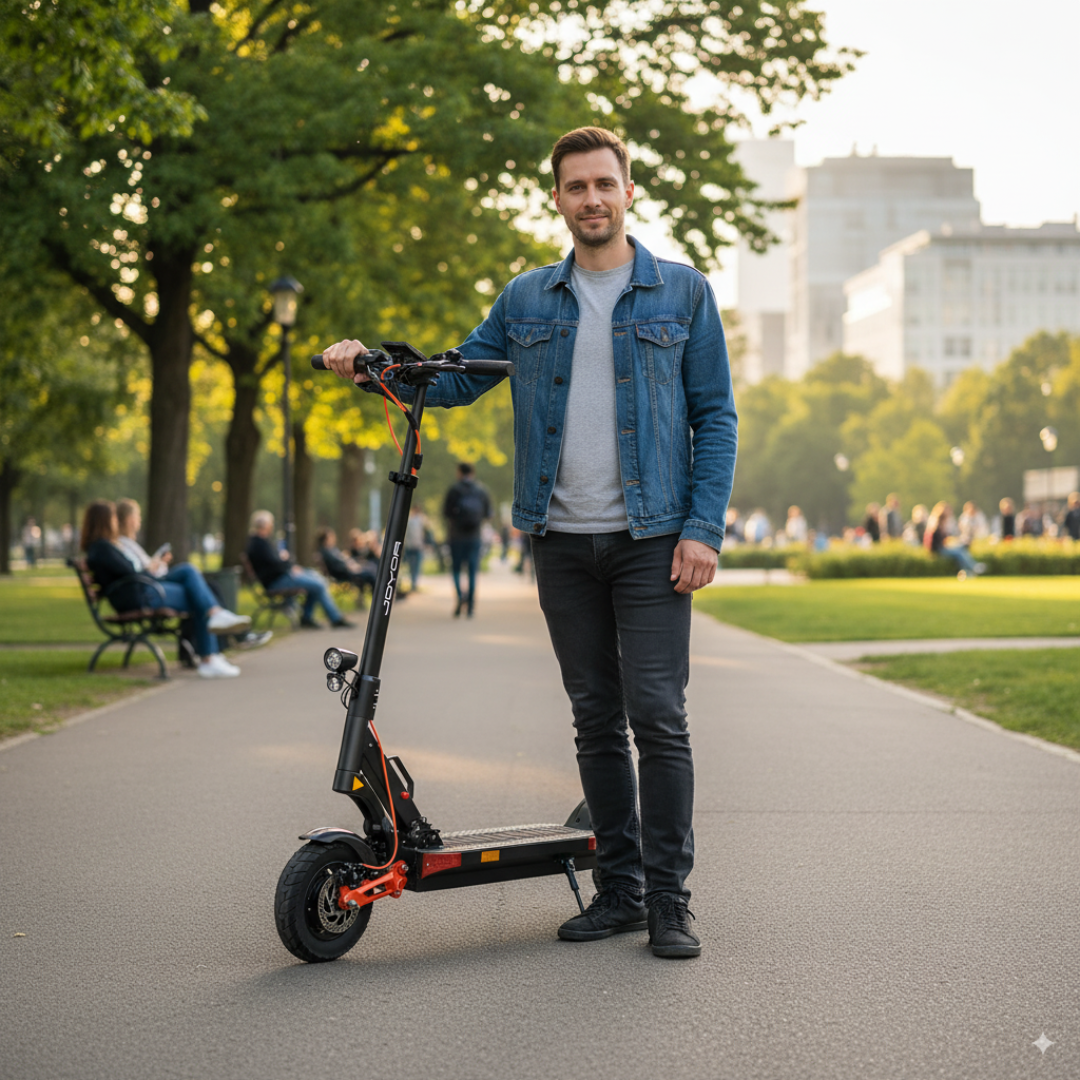 Electric scooter Joyor T10 – man standing with scooter in park