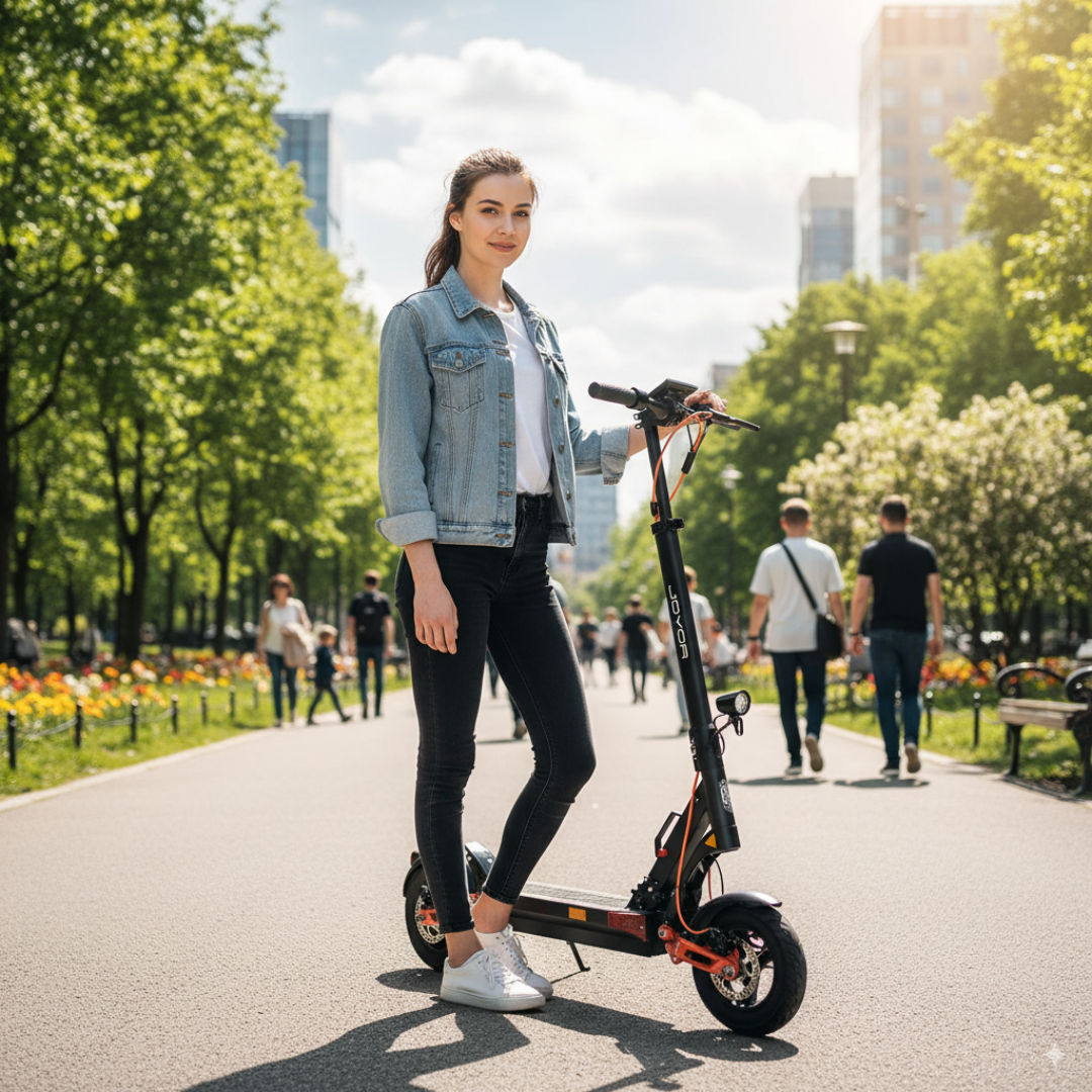 Electric scooter Joyor T6 – woman standing with scooter in park
