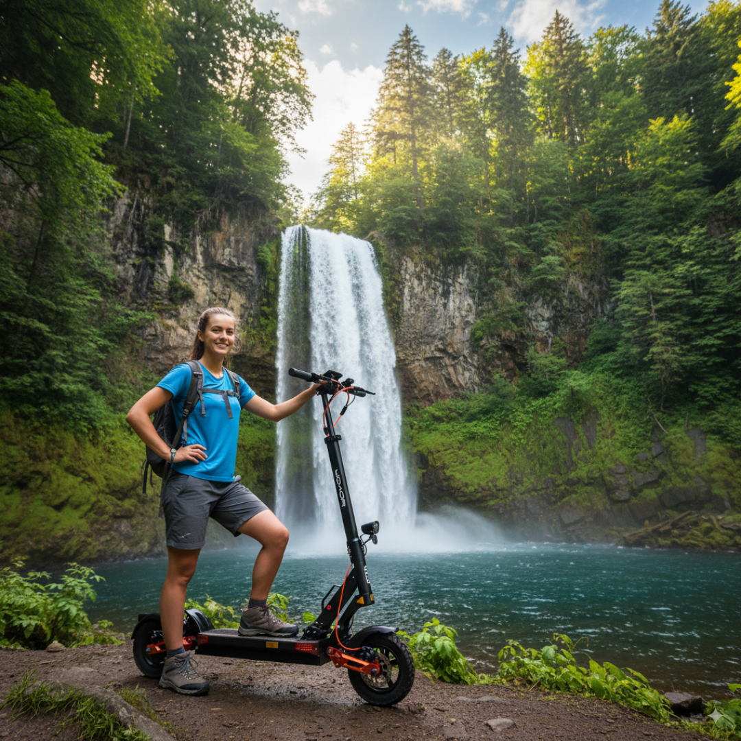 Electric scooter Joyor T6 – person standing with scooter by a waterfall