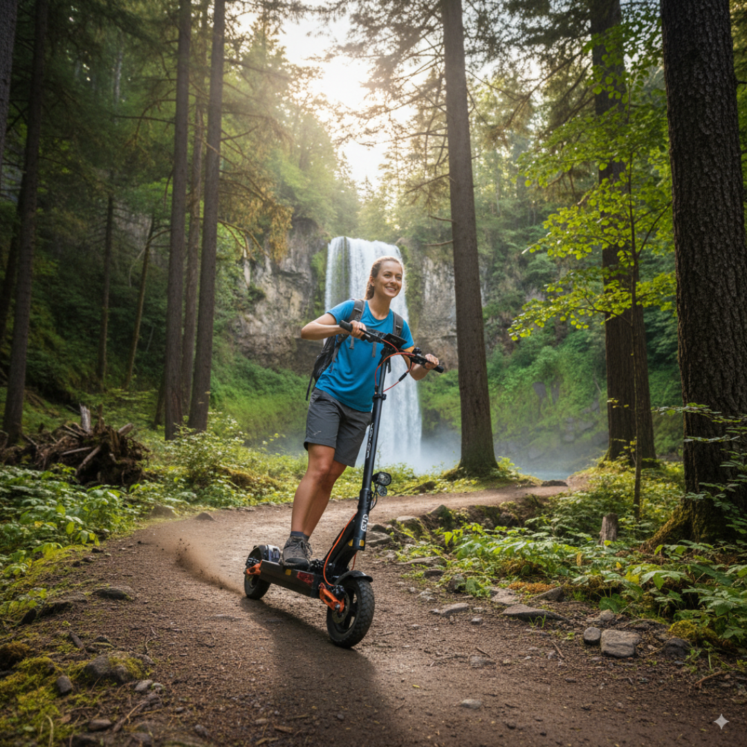 Electric scooter Joyor T6 – person riding on a forest trail with waterfall