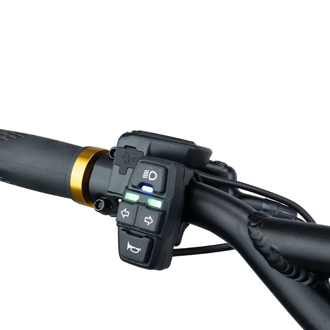 Electric Scooter Kaabo Mantis King Gt features a detailed handlebar control panel for easy operation.