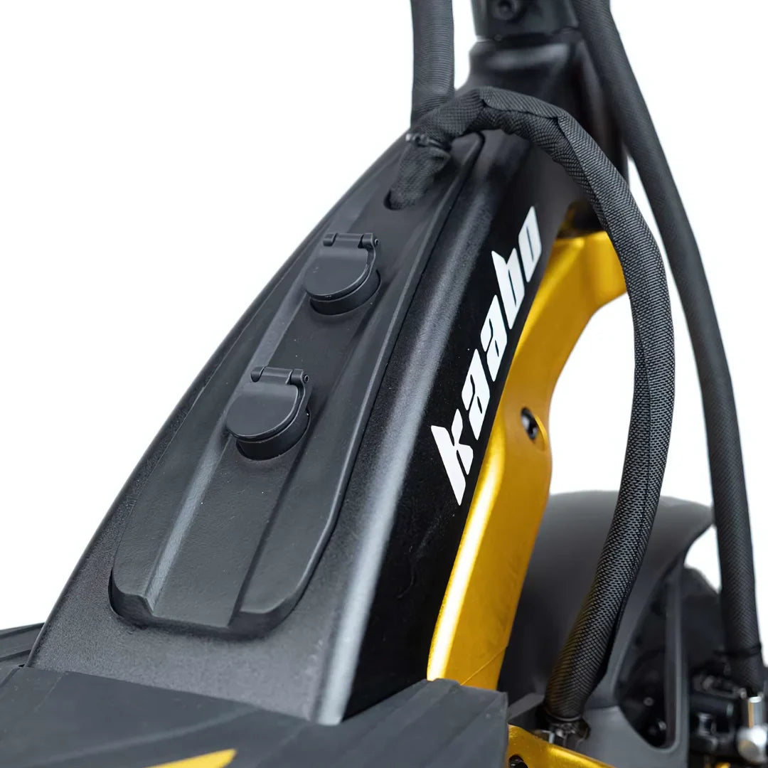 Electric Scooter Kaabo Mantis King Gt features a sleek design with a black and gold finish, showcasing robust build quality.