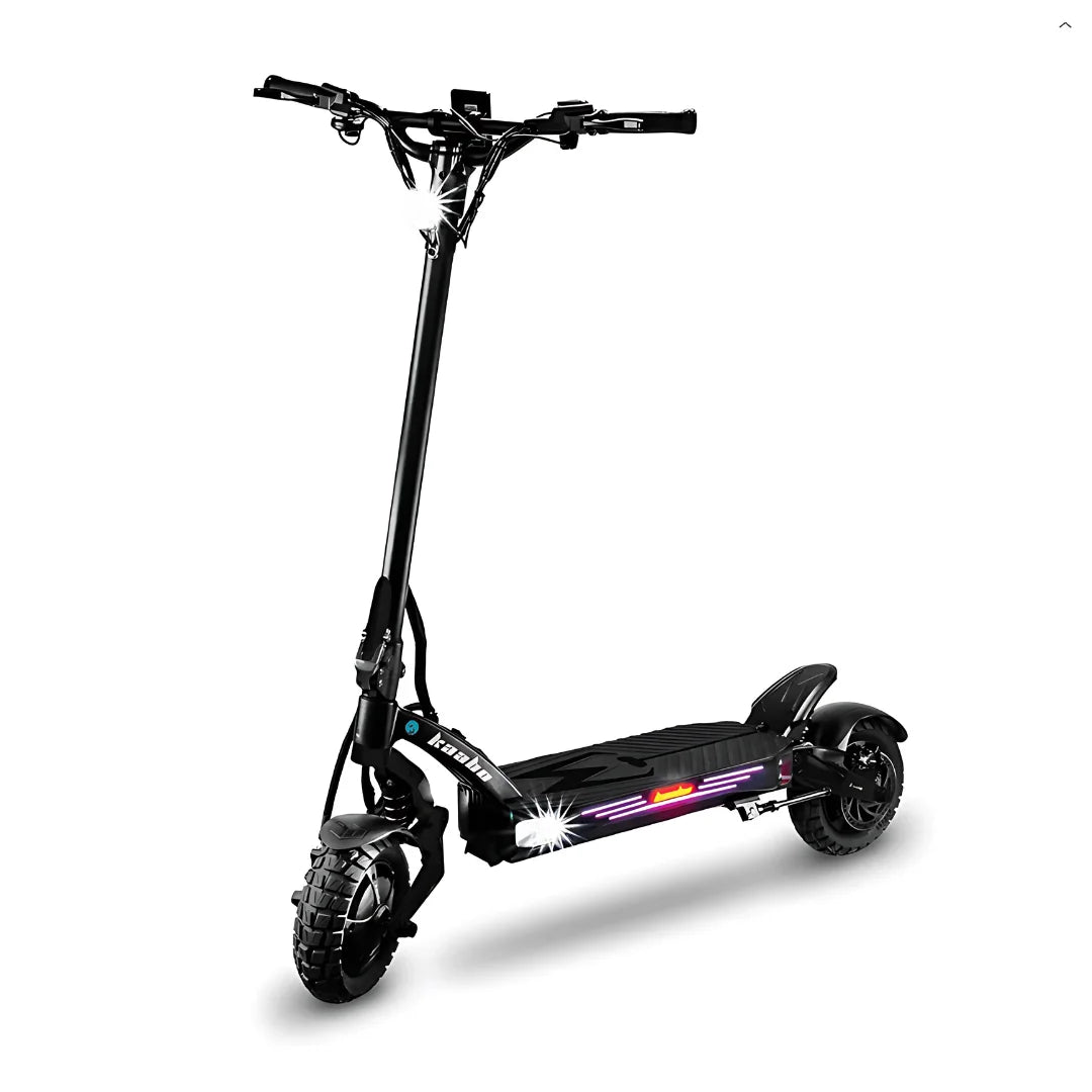 Electric scooter Kaabo Mantis King GT – front three-quarter view, lights on
