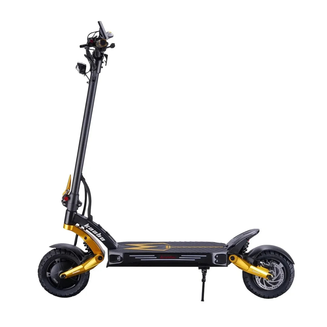 Electric Scooter Kaabo Mantis King GT features a sleek black and gold design, robust tires, and advanced controls.