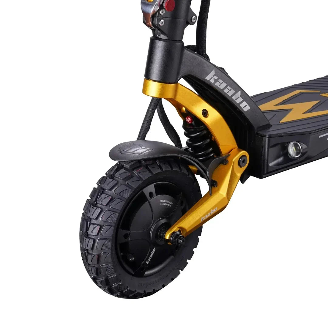 Electric Scooter Kaabo Mantis King GT features a robust design with a striking gold fork and durable tire.