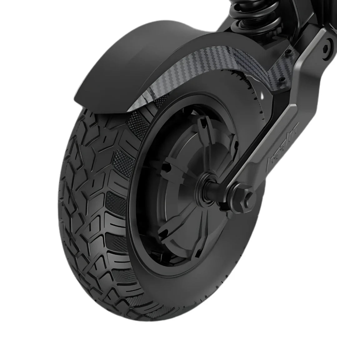 Electric Scooter Kaabo Mantis X Plus features a sturdy rear wheel, durable tire tread, and a sleek design.