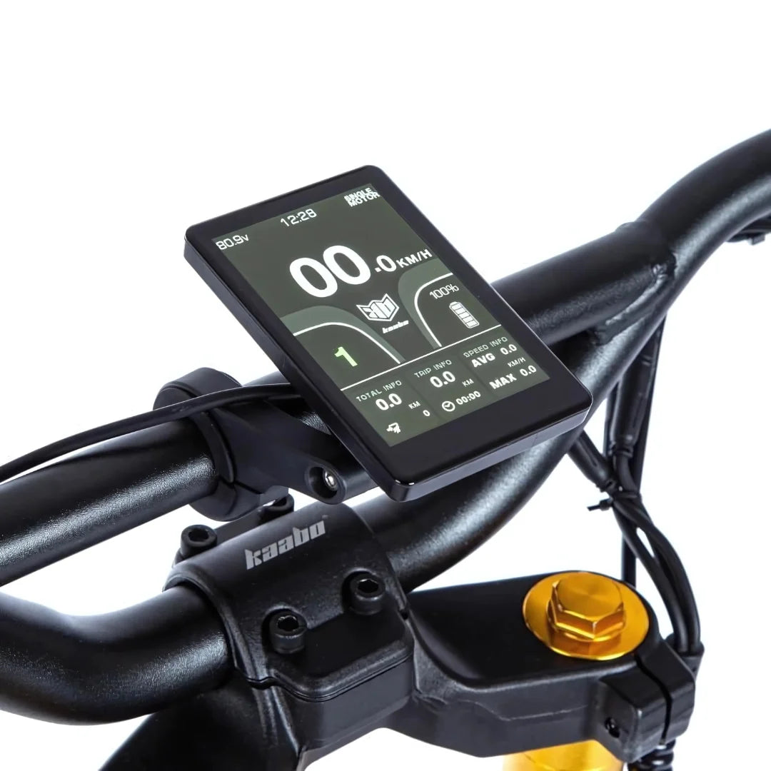 Electric Scooter Kaabo Wolf King Gt Pro features a digital display on the handlebars, showing speed and battery.