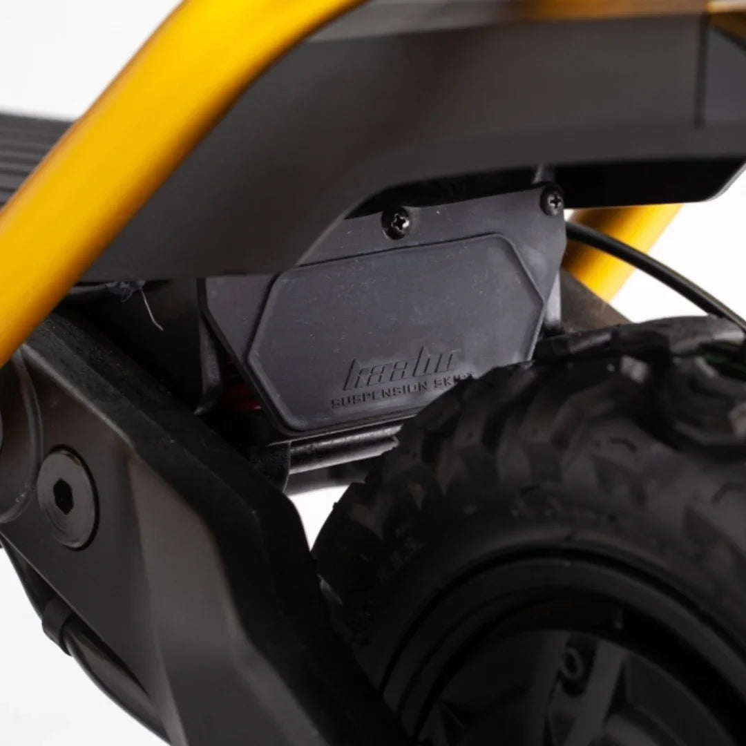 Electric Scooter Kaabo Wolf King Gt Pro features robust suspension system, sleek design, and durable tires.
