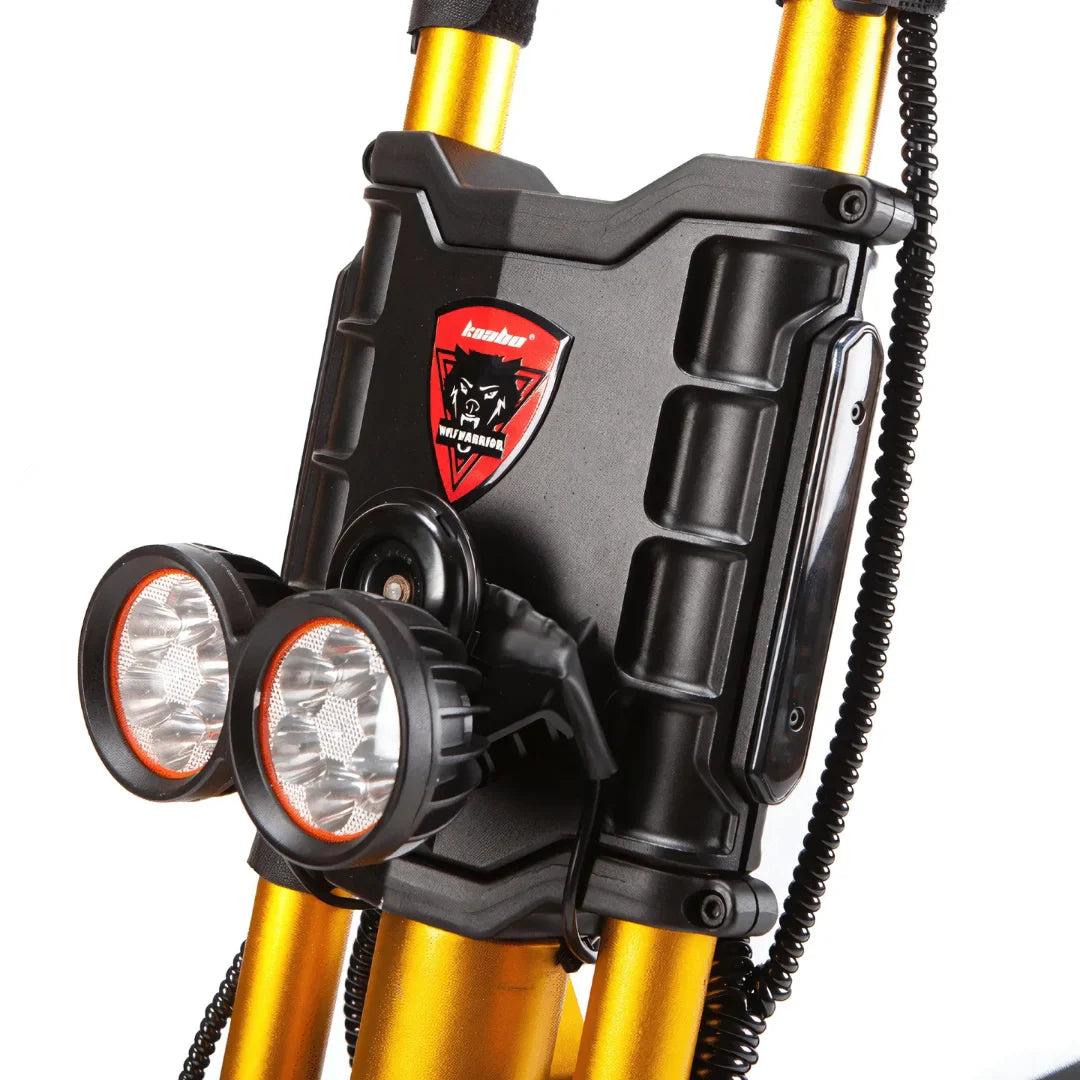 Electric Scooter Kaabo Wolf King Gt Pro features a rugged design, dual LED headlights, and a robust front assembly.