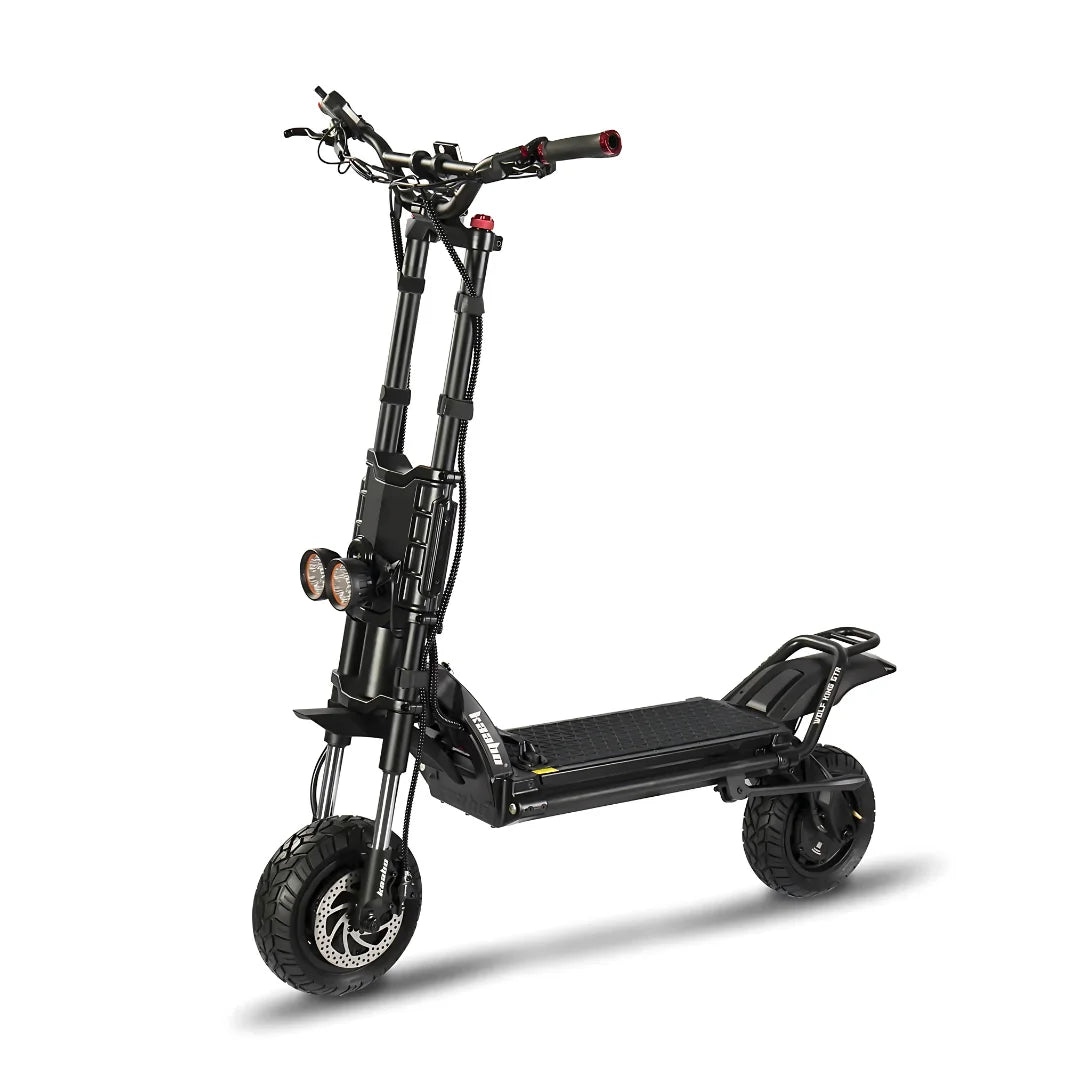 Electric Scooter Kaabo Wolf King Gtr features a sleek black design, dual headlights, and robust tires.
