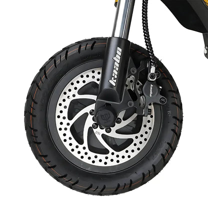 Electric Scooter Kaabo Wolf King Gtr features a robust front wheel with a stylish alloy brake disc and tire design.