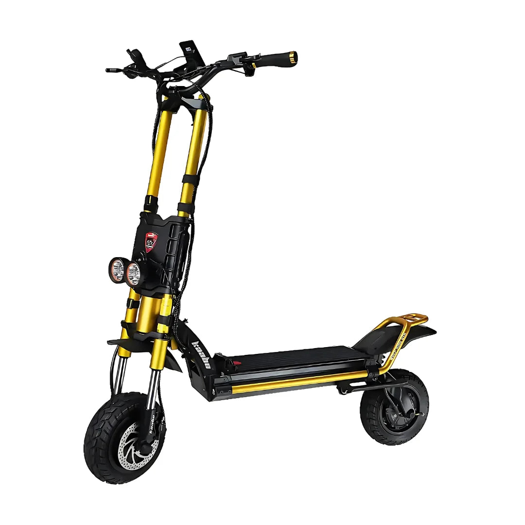 Electric scooter Kaabo Wolf King GTR – gold colour variant, front three-quarter view