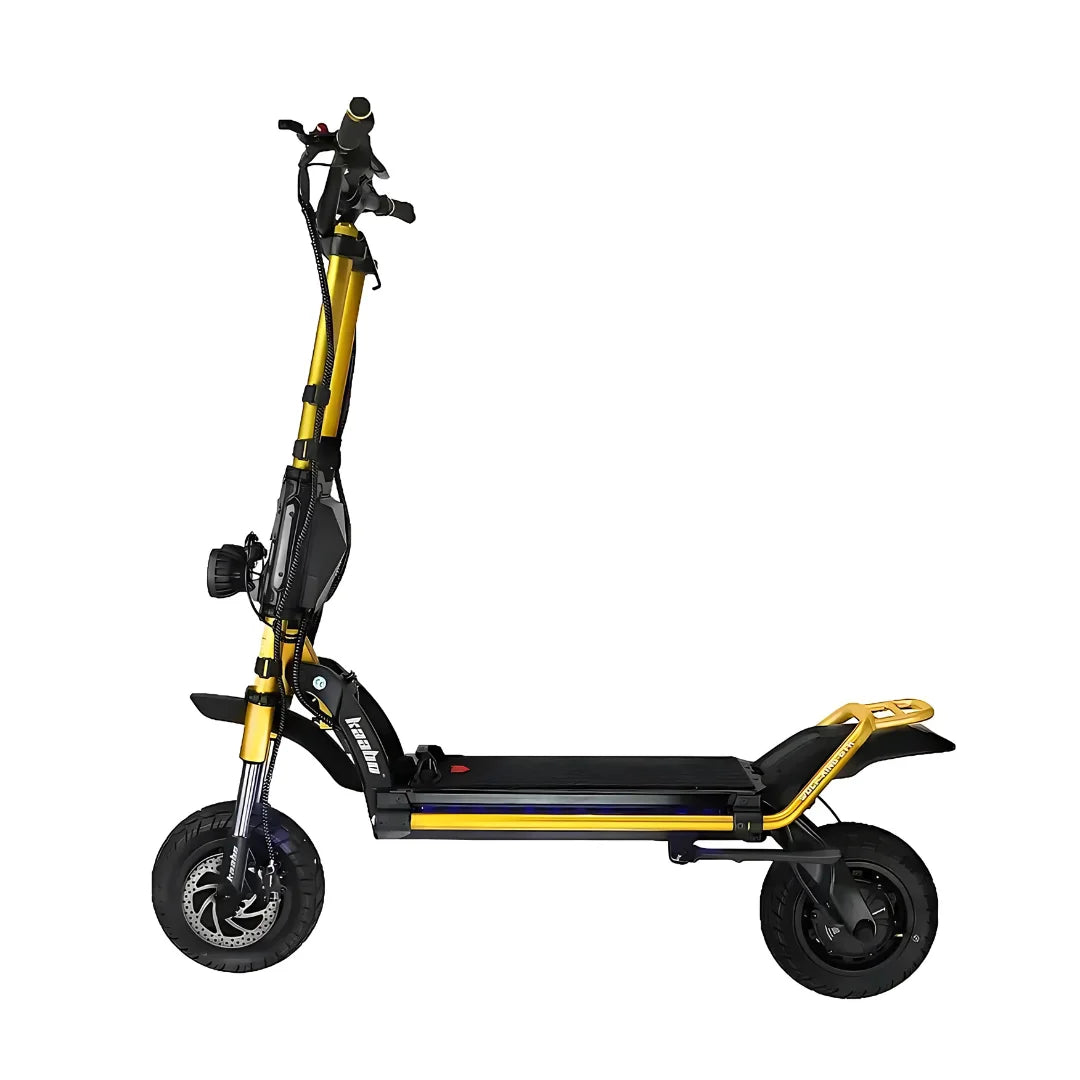 Electric Scooter Kaabo Wolf King Gtr features a sleek yellow and black design, robust tires, and modern handlebars.