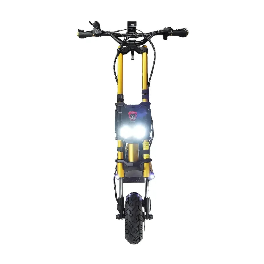 Electric Scooter Kaabo Wolf King Gtr features a bold design with bright headlights, sturdy yellow frame, and durable tire.