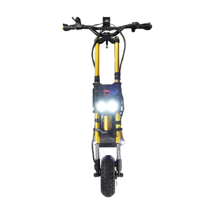Electric Scooter Kaabo Wolf King Gtr features a bold design with bright headlights, sturdy yellow frame, and durable tire.