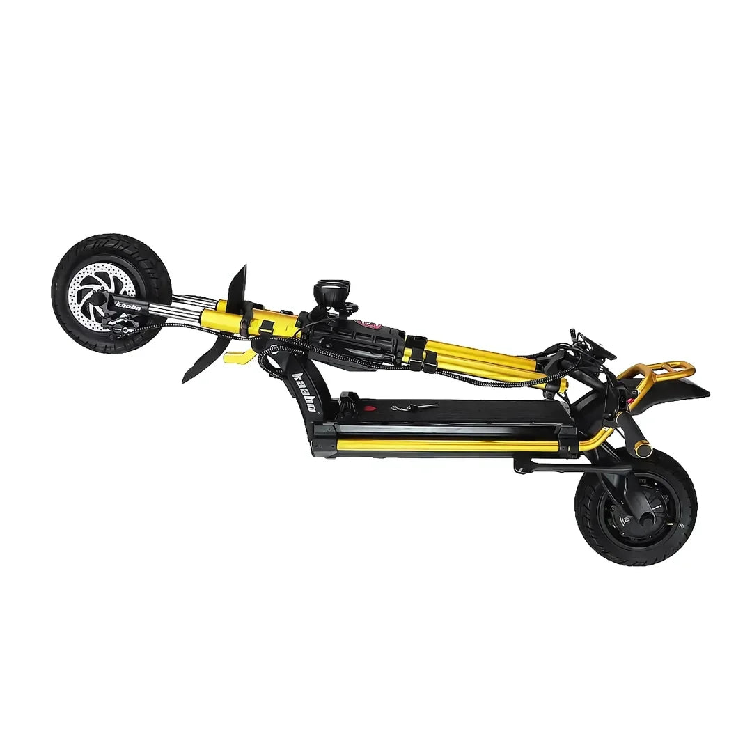 Electric Scooter Kaabo Wolf King Gtr features a sleek design with a bold yellow and black color scheme, compact frame.