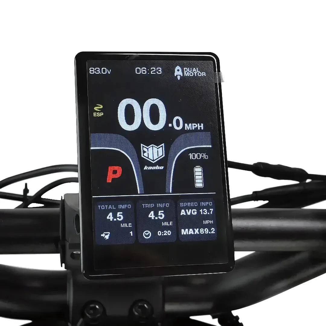 Electric Scooter Kaabo Wolf King Gtr features a high-tech display showing speed, distance, and battery level.